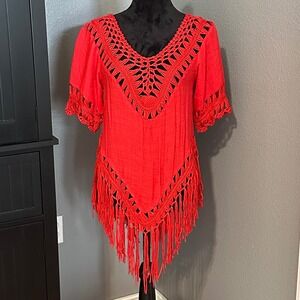 Vivid Importers Red Crochet Fringe Boho Tunic Top‎ Small/Medium Festival Hippie